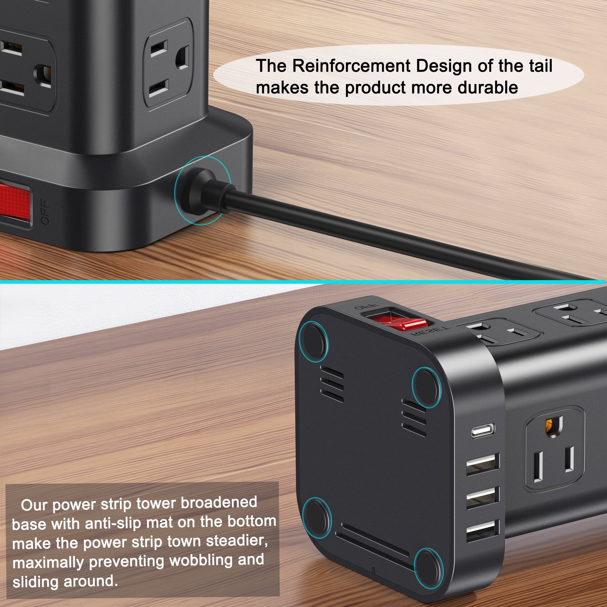 12-Outlet Power Strip Tower with 4 USB Ports - Surge Protector Charging Station with 6.5Ft Cord, Black