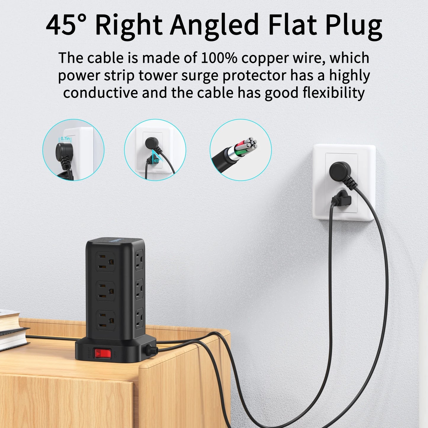 12-Outlet Power Strip Tower with 4 USB Ports - Surge Protector Charging Station with 6.5Ft Cord, Black
