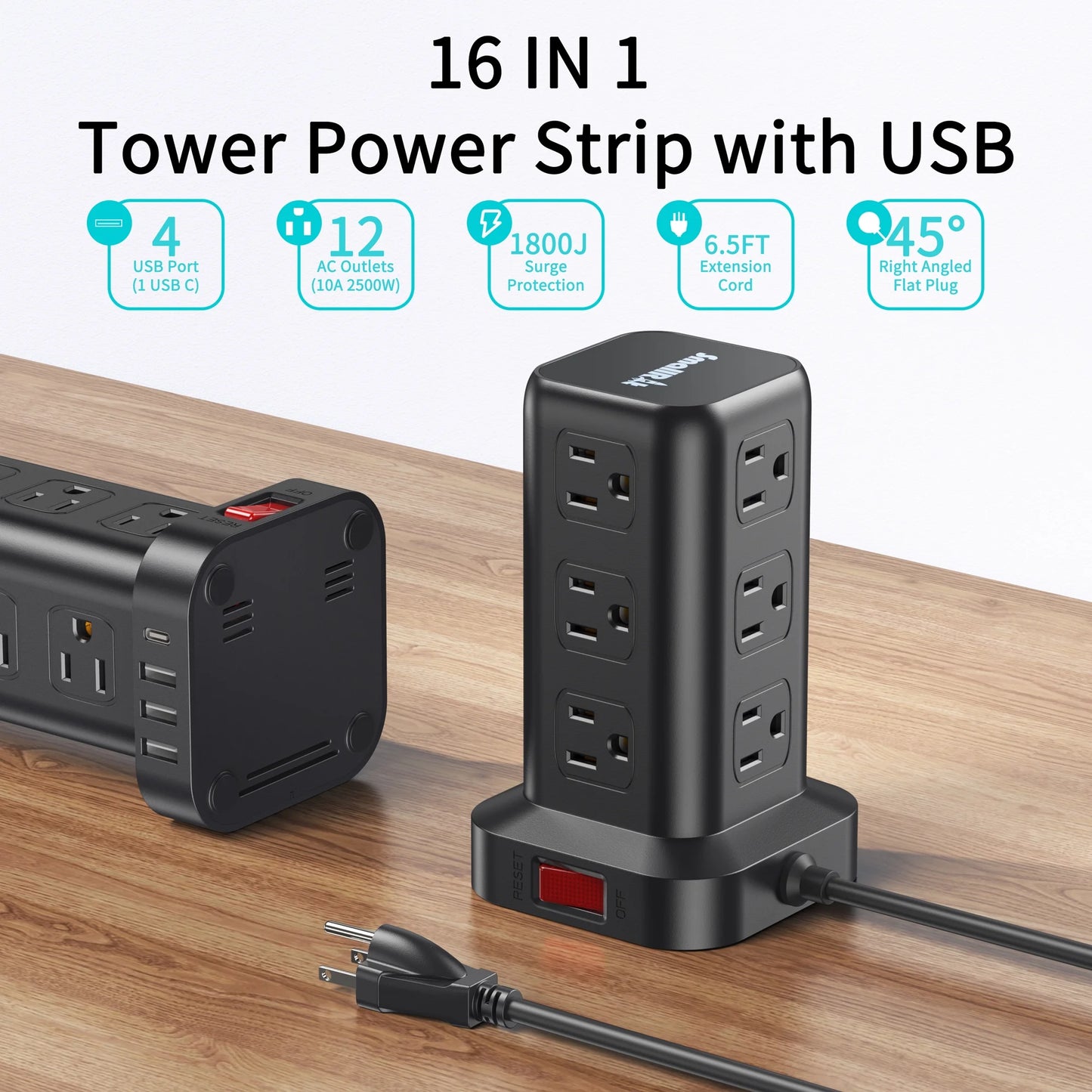 12-Outlet Power Strip Tower with 4 USB Ports - Surge Protector Charging Station with 6.5Ft Cord, Black