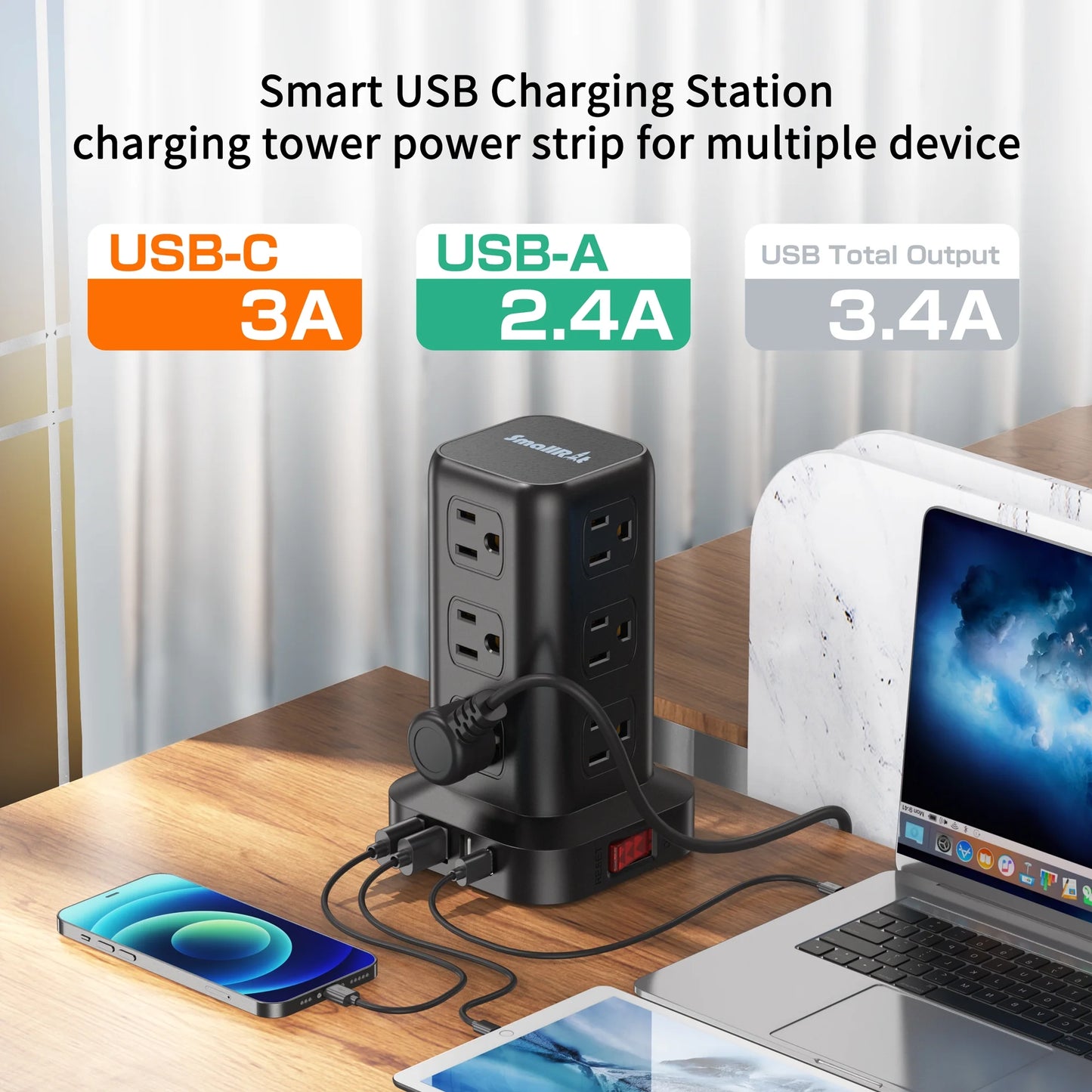 12-Outlet Power Strip Tower with 4 USB Ports - Surge Protector Charging Station with 6.5Ft Cord, Black
