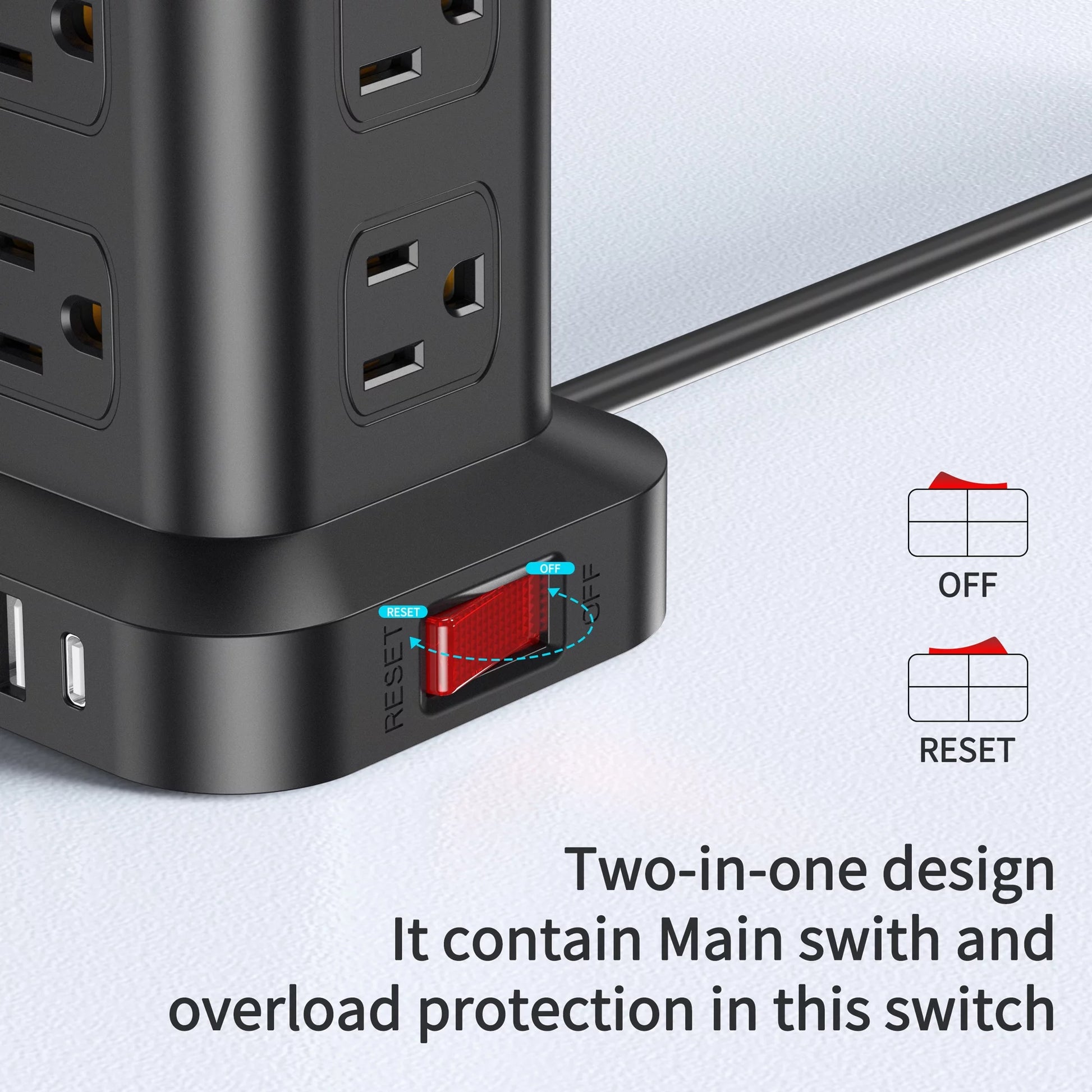12-Outlet Power Strip Tower with 4 USB Ports - Surge Protector Charging Station with 6.5Ft Cord, Black