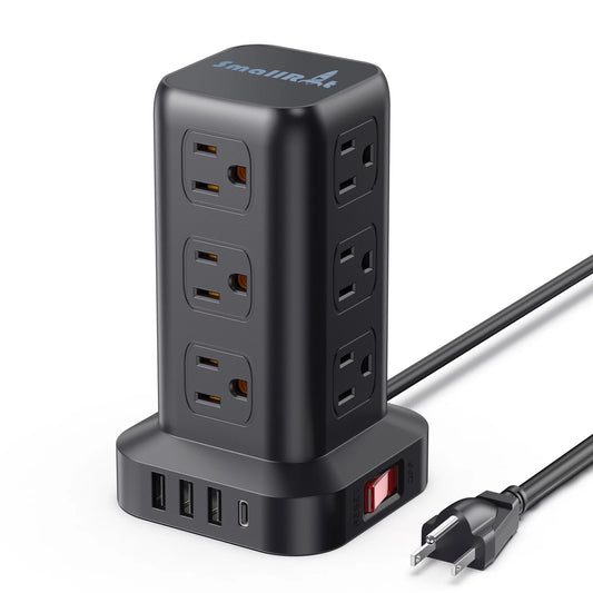 12-Outlet Power Strip Tower with 4 USB Ports - Surge Protector Charging Station with 6.5Ft Cord, Black