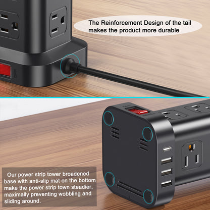 12-Outlet Power Strip Tower with 4 USB Ports - Surge Protector Charging Station with 6.5Ft Cord, Black