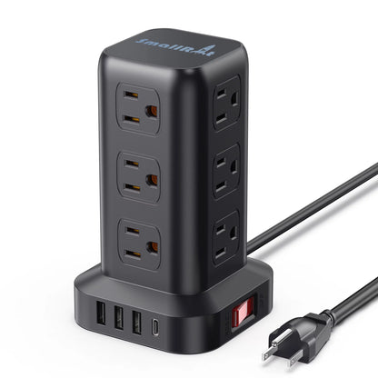 12-Outlet Power Strip Tower with 4 USB Ports - Surge Protector Charging Station with 6.5Ft Cord, Black